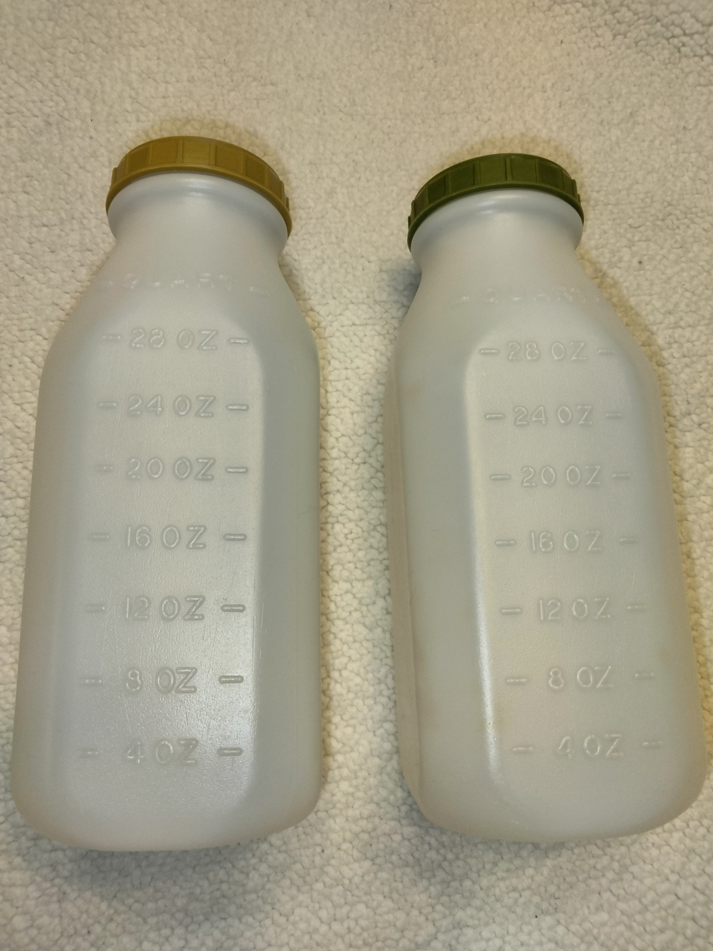 Vintage White Plastic Refillable Bottles with Green and Olive Caps - Set of 2